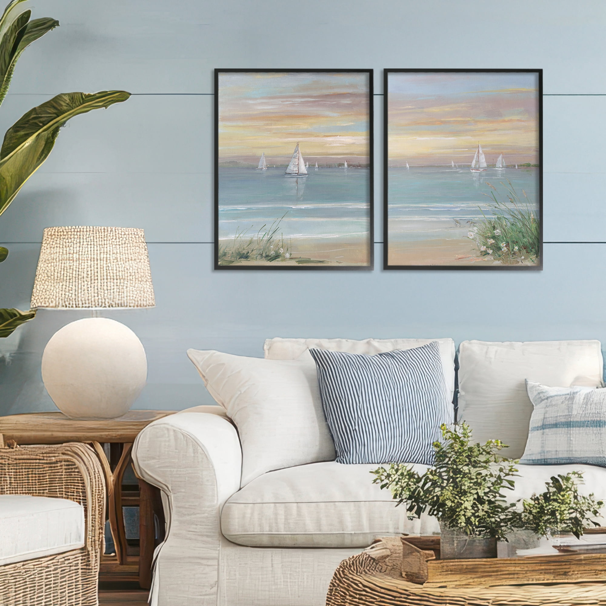 Stupell Industries Summer Shore Panorama 2 Piece Black Framed Giclee Art Set, design by Sally Swatland