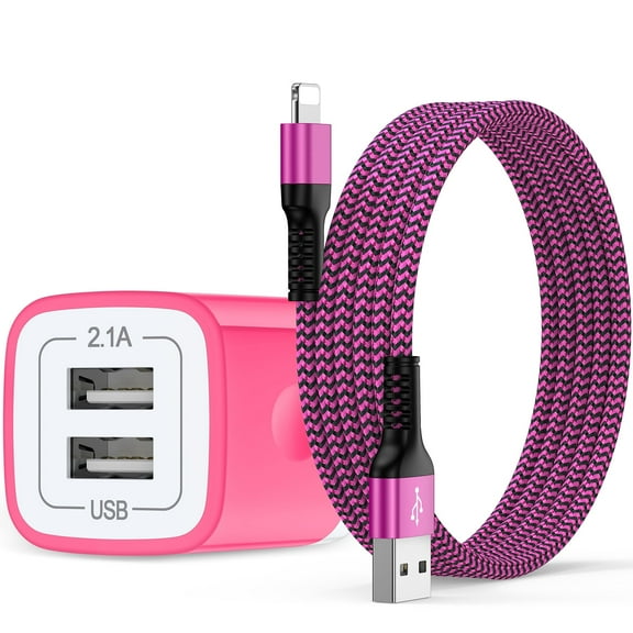 Compatible for iPhone Charger, 2.1A Dual Port USB Wall Charger Block with 6FT Charging Cable, USB Brick Cube Wall Charger Adapter Plug Power Base Fast Charging Station Compatible for iPhone, Pink