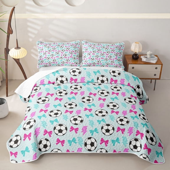 Erosebridal Soccer Print Cartoon Bow Twin Quilt Set for Boys Girls,Teens Pink Teal Lightning Twin Coverlet Set