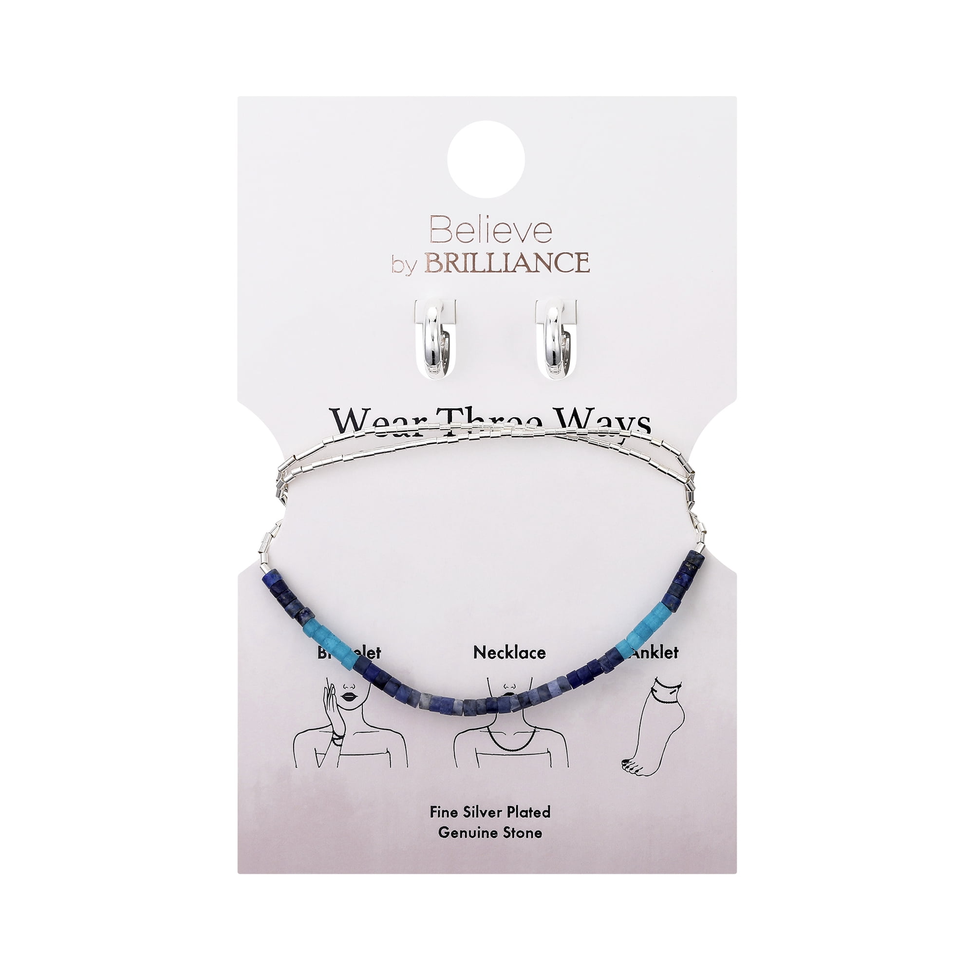 Believe by Brilliance Women's Blue Stone Multi Use Stretch Bracelet and Hoop Earring Set, 20.5"