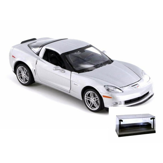 Diecast Car w/LED Display Case - 2007 Chevy Corvette Z06 Hard Top, Silver - Welly 22504WSV - 1/24 scale Diecast Model Toy Car