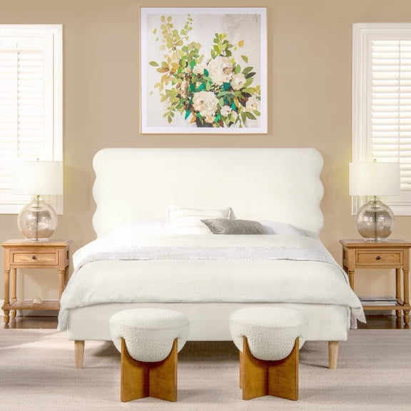 Retro Modern Wavy Headboard Bed | Queen, Antique White Polyester