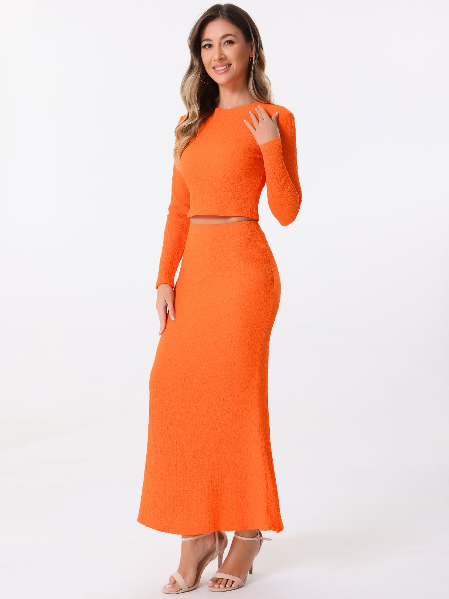 DARING DIVA Women's 2 Pieces Crop Top High Waist Mermaid Maxi Skirt Set XS Orange