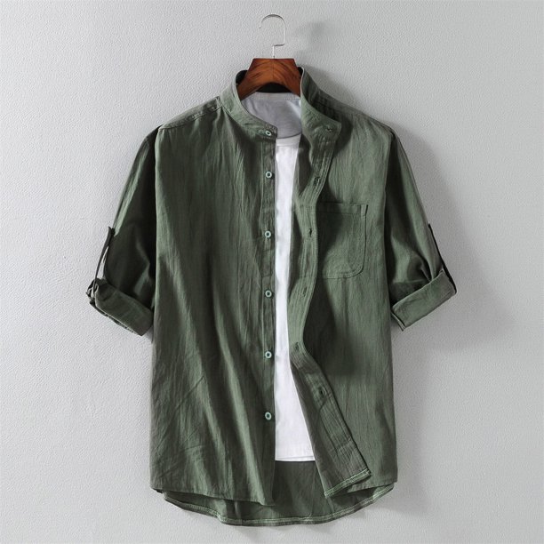 Camisetas Elvqul de Caballero Verde del Ejército sin Estampado Manga Corta Playa Lino Algodón Botones Solapa
