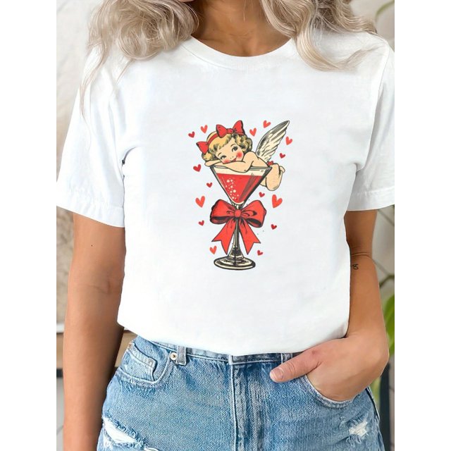 Chic Women's Casual Black T-Shirt with Retro Cupid & Bow Print - 100%, Round Neck, Short Sleeve - Breathable & Comfortable for Outdoor Activities & Travel - Easy Care, All-Season Wear