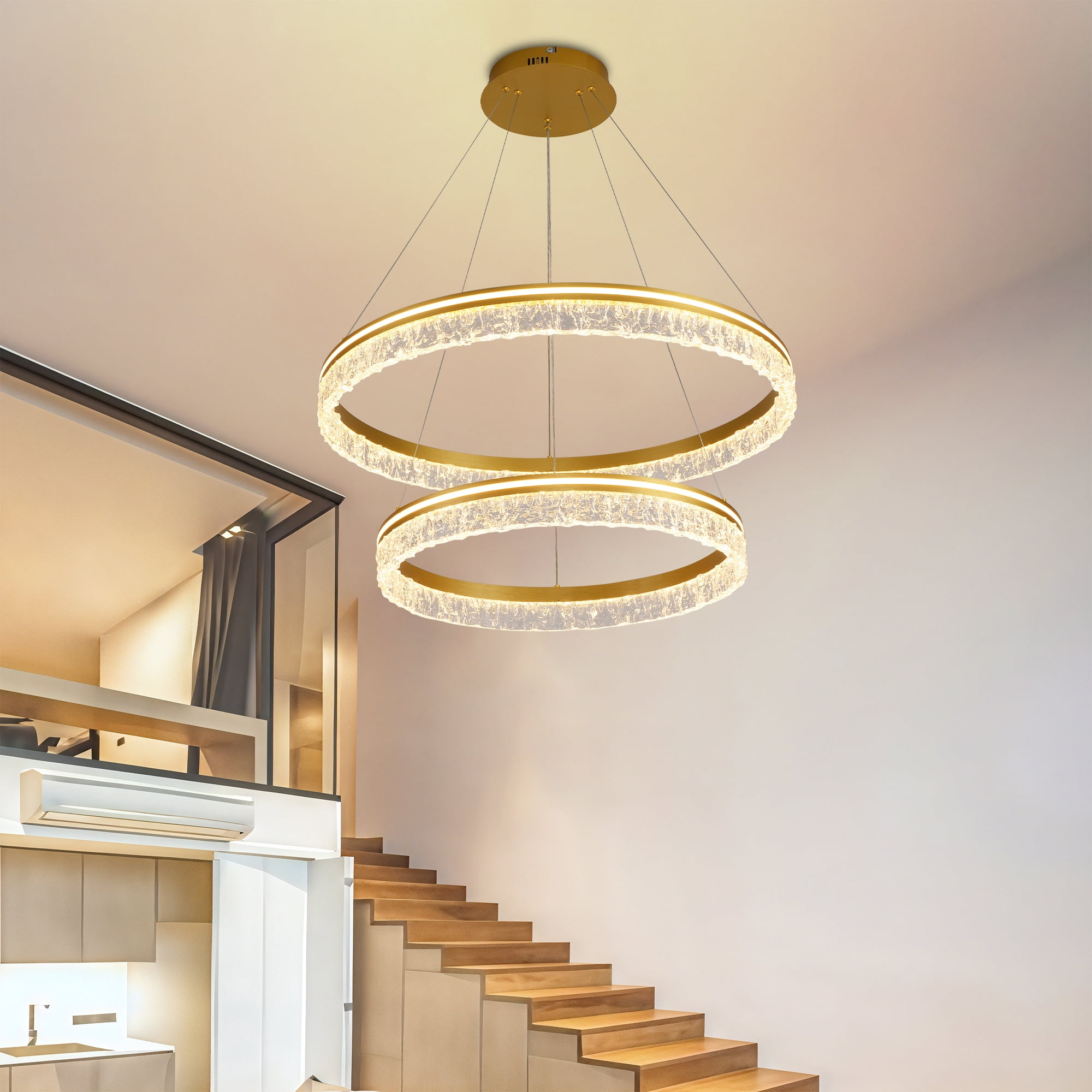 Modern 2-Ring Gold LED Chandelier, Dimmable Pendant Light with Remote, Adjustable Height Ceiling Fixture for Kitchen Island, Dining Room, Bedroom