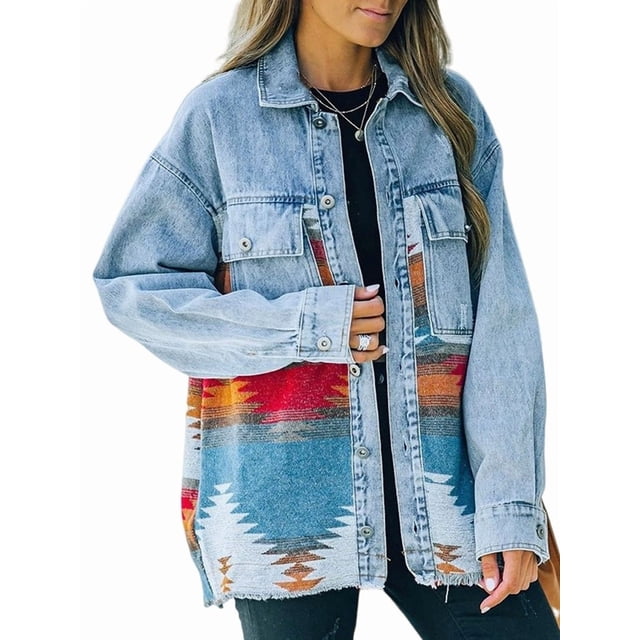 Women'S Loose Lapel Long-Sleeved Denim Patchwork Jacket Retro Raw Edge Mid-Length Jacket Orange M