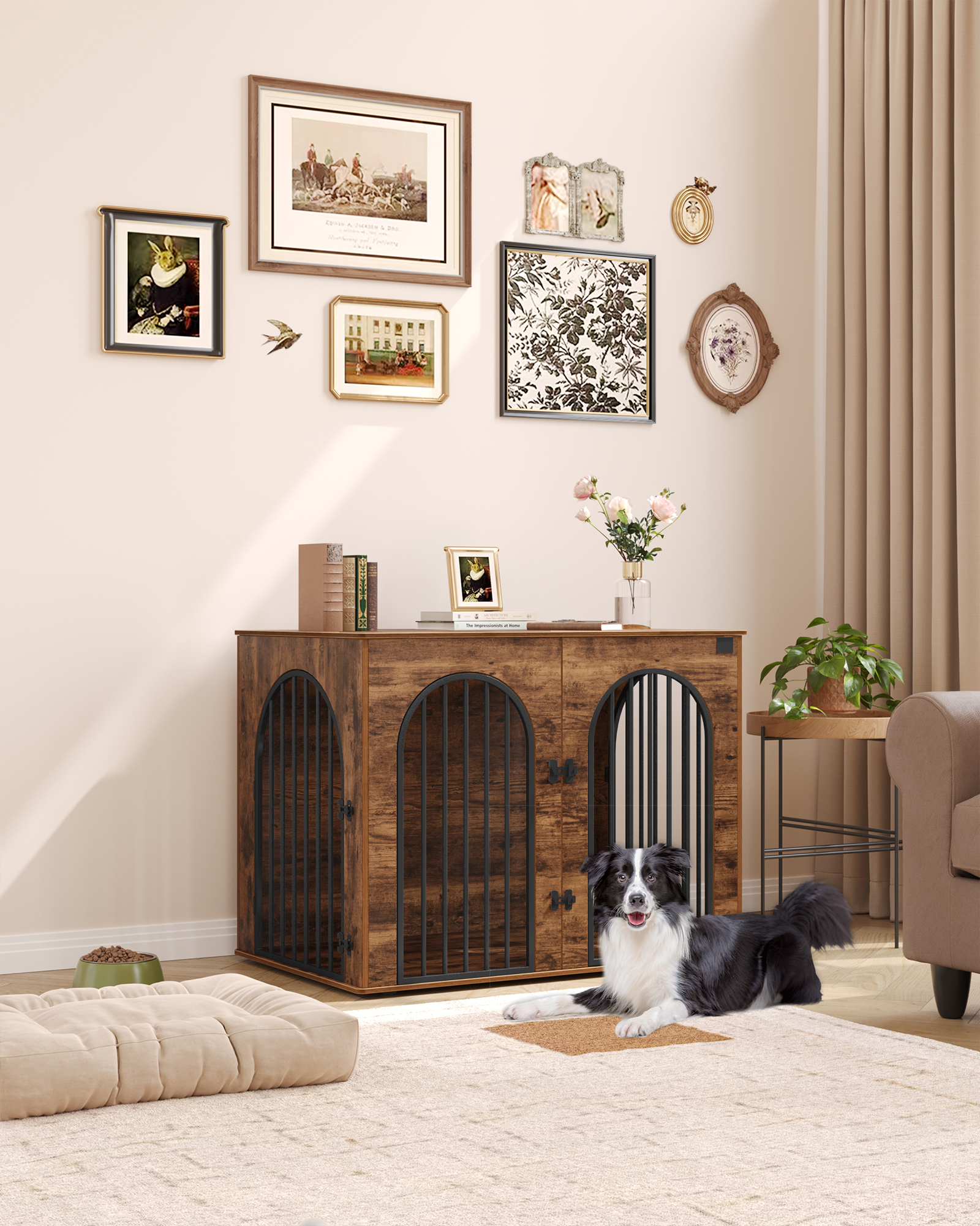 44.1" Dog Crate Furniture, 3 Door Wooden Dog Crate Furniture for Small/Medium/Large Dog,Rustic Brown