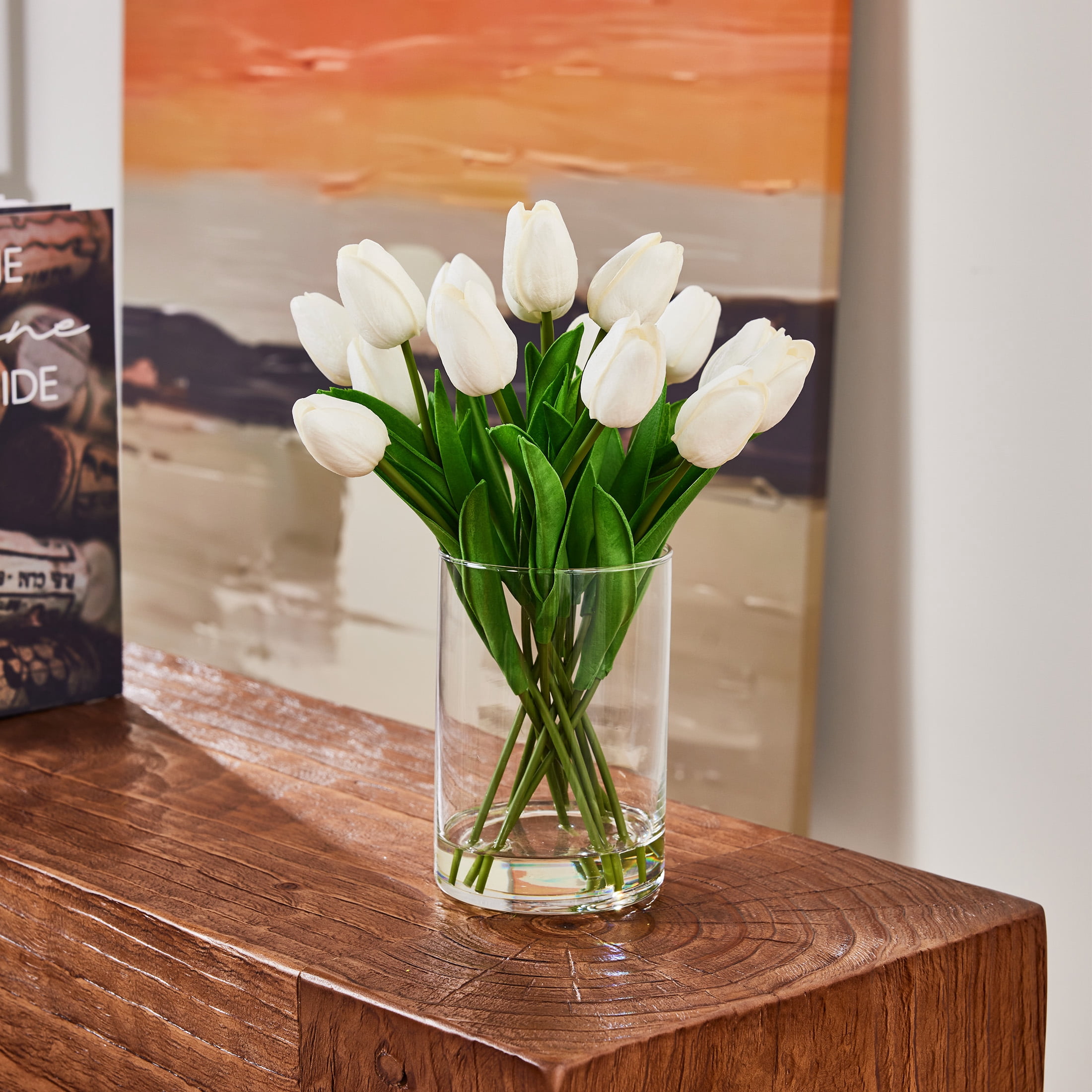 DR.Planzen 12in Artificial White Tulips Fake Flowers in Glass Vase Real Touch Tulips – Faux Tulips Bouquet with Faux Water, Tulips Centerpiece for Spring Home Decor Dining Table Wedding Mothers Day