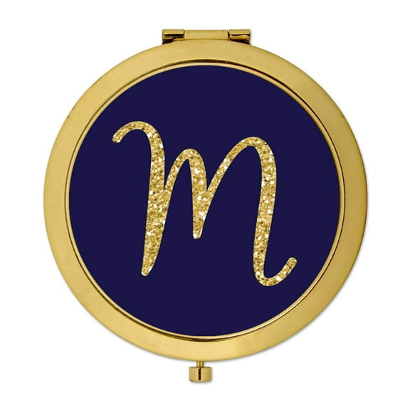 Koyal Wholesale Gold Compact Mirror Bridesmaid's Wedding Gift, Navy Blue | Faux Gold Glitter, Monogram Letter M, 1-Pack