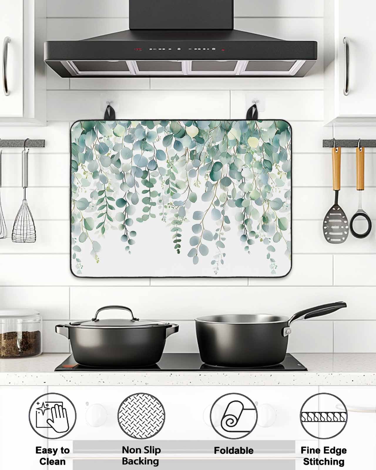 Stove Top Covers for Electric Stove, Eucalyptus Leaves Glass Stovetop Cover Protector, Teal Botanical Summer Weeping Induction Cooktop Protector Oven Mat for Kitchen Countertop 24"x21"