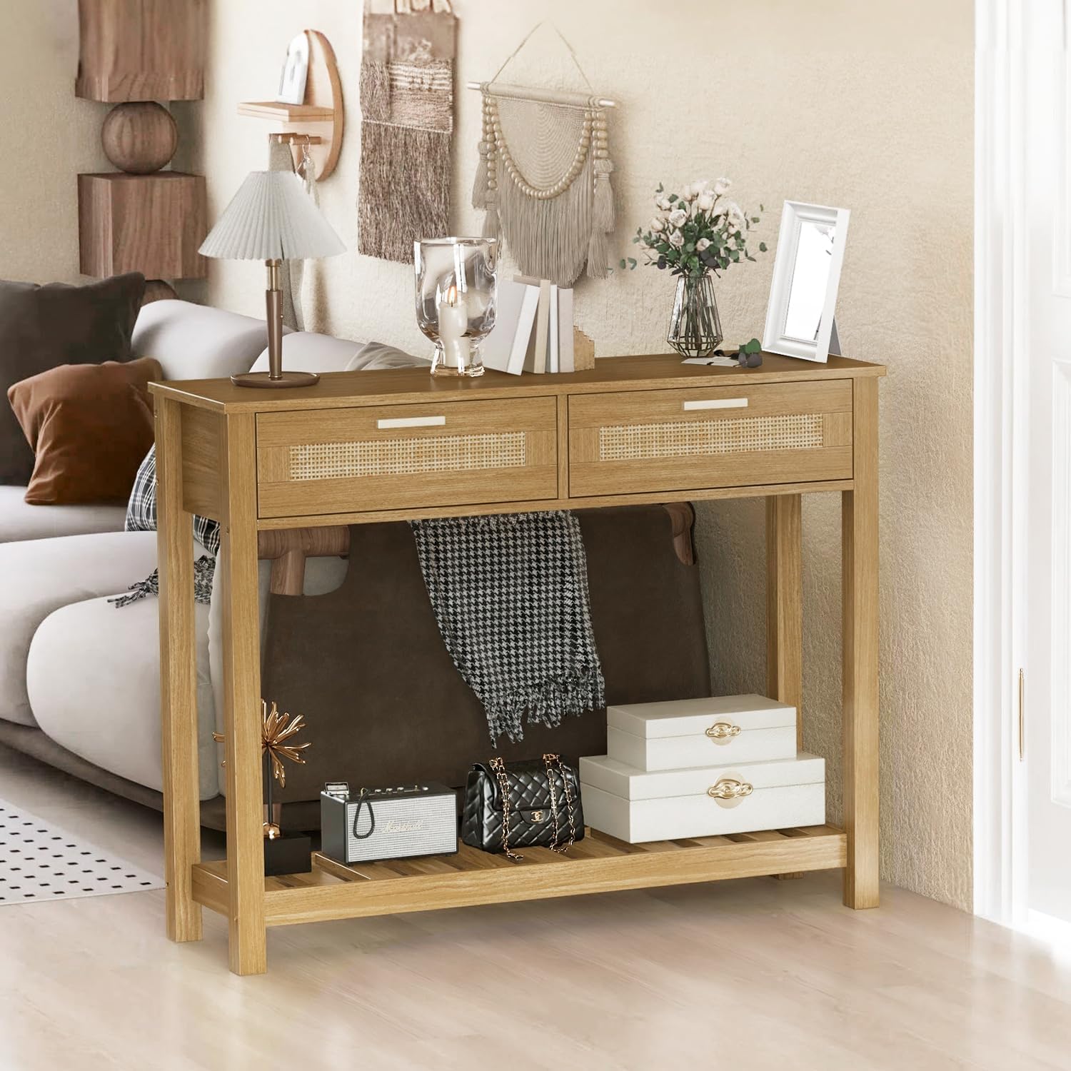 AODAILIHB Wooden Console Sofa Table，Rattan Entryway Table with 2 Drawers and Storage Open Bookshelf