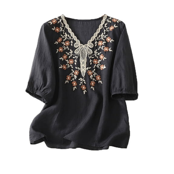 Tweang Peasant Blouses for Women Retro Embroidered Graphic Tees Cotton Linen Tunic Tops Boho Ethnic Style Peasant Tee Cotton Button Down Graphic Shirt Turn-down Collar Loose Gauze Tunics Black L