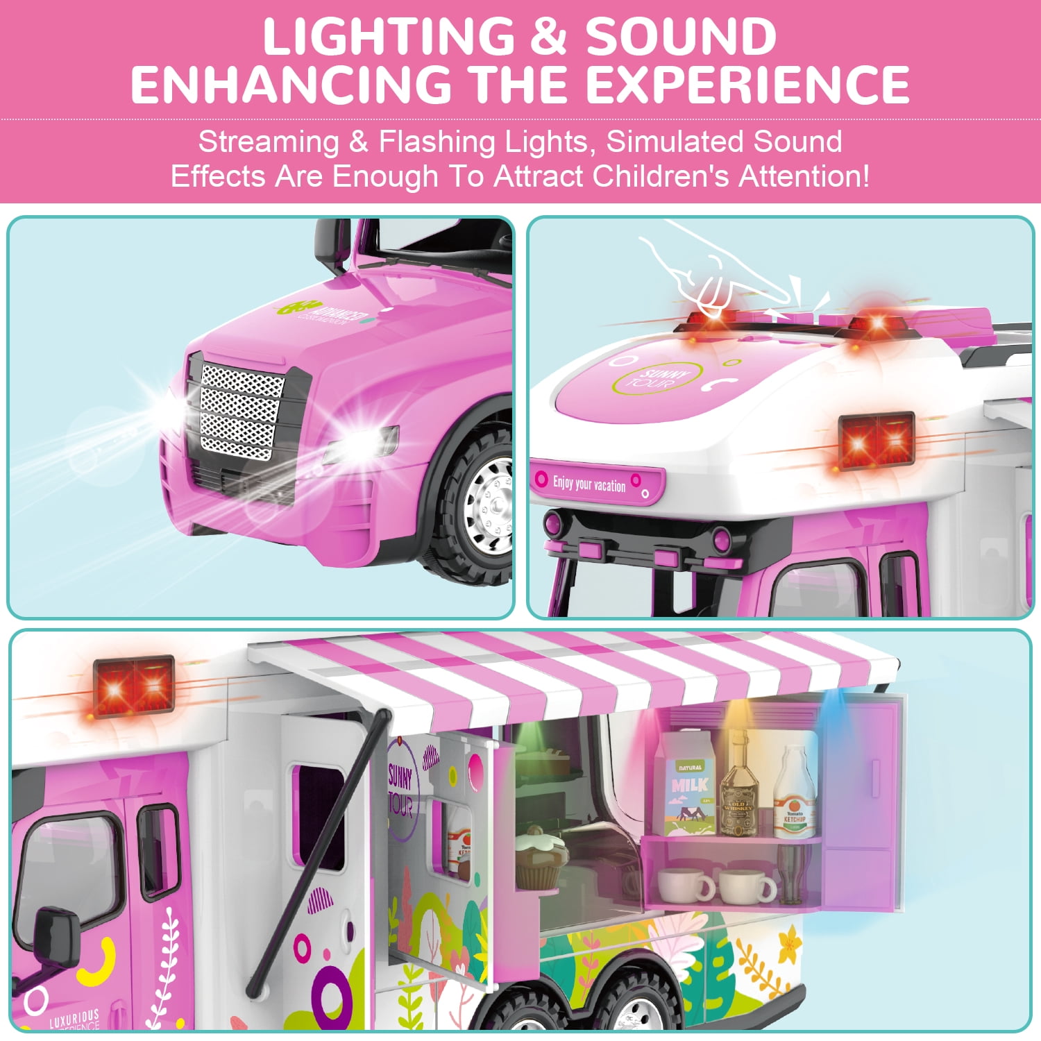 Remote Control Car, RC Camper Car Toy with Light & Sound Camping Equipment Set, Pretend Play RV Set Dollhouse Vehicle Birthday Gifts for 3-8 Year Girls