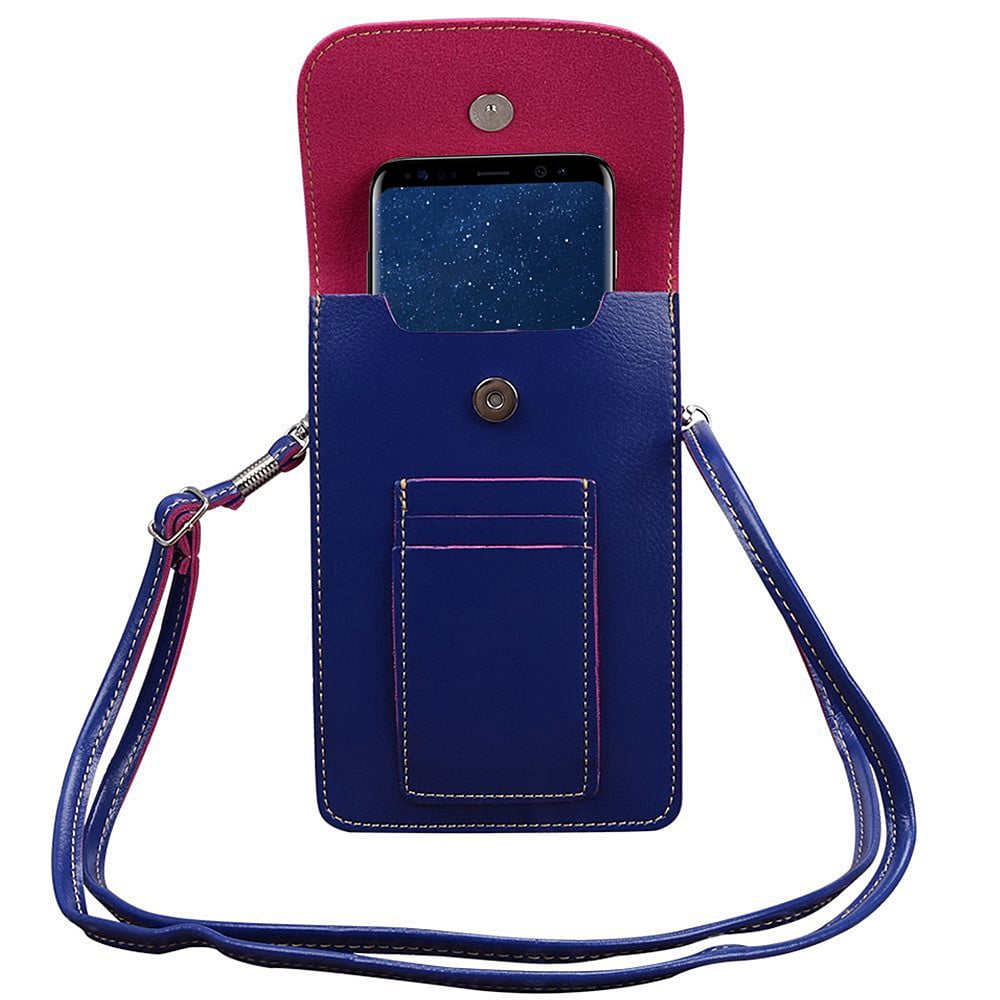 BUNDLE: Vegan Leather Vertical Crossbody Smartphone Pouch Wallet (Blue) & Deluxe Stereo Hands-Free Headset (Blue) - for Smartphones up to 6.5-inch, Shoulder Strap, Headphones w/ Microphone