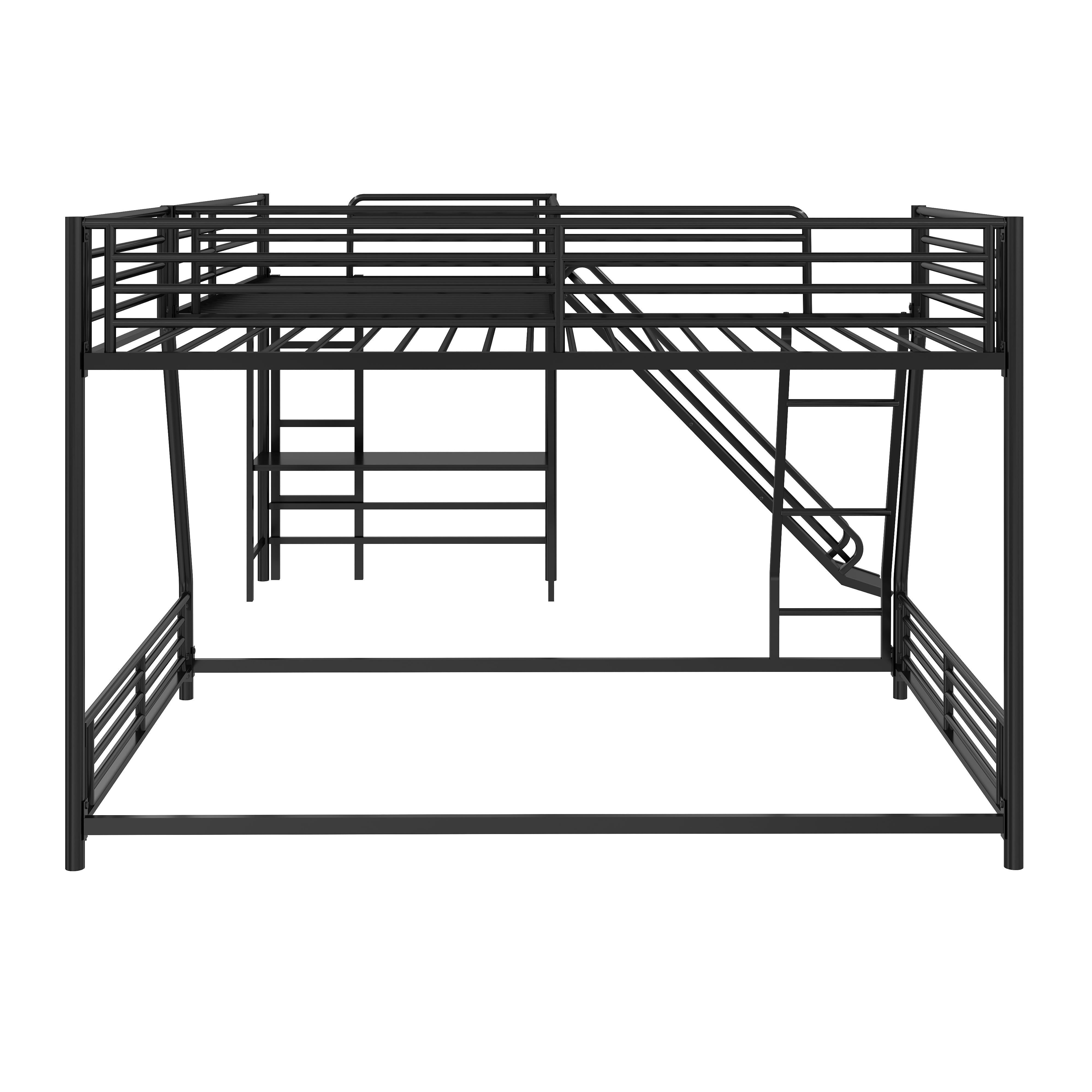 Euroco Metal L-Shaped Twin over Full Bunk and Twin Loft Bed with Desk and Slide for Kids Teens Adults, 3 Beds in 1, Black