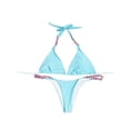 thumbnail image 3 of Qiylii Women's Summer Two-Piece Bikini Set, Solid Color Chain Decoration Tie-Up Halter Bra + Panties Split Swimsuit Set, 3 of 5