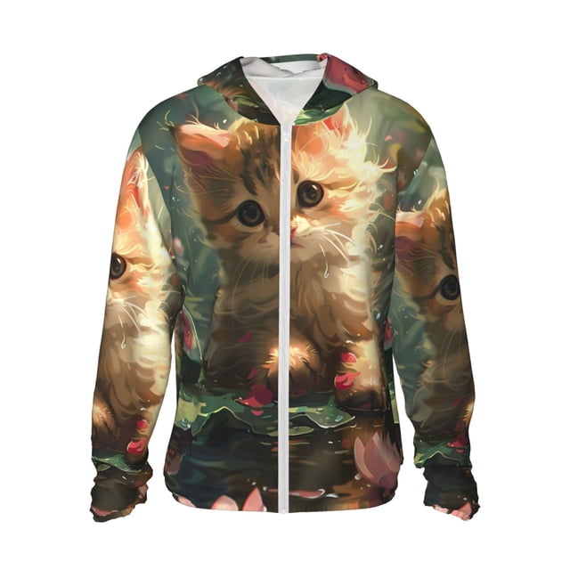 Fotbe Cute Kitten Water Lilies Chaqueta con Protección Solar UPF 50+ para Hombre y Mujer, Camisa con Capucha y Bolsillos-Small