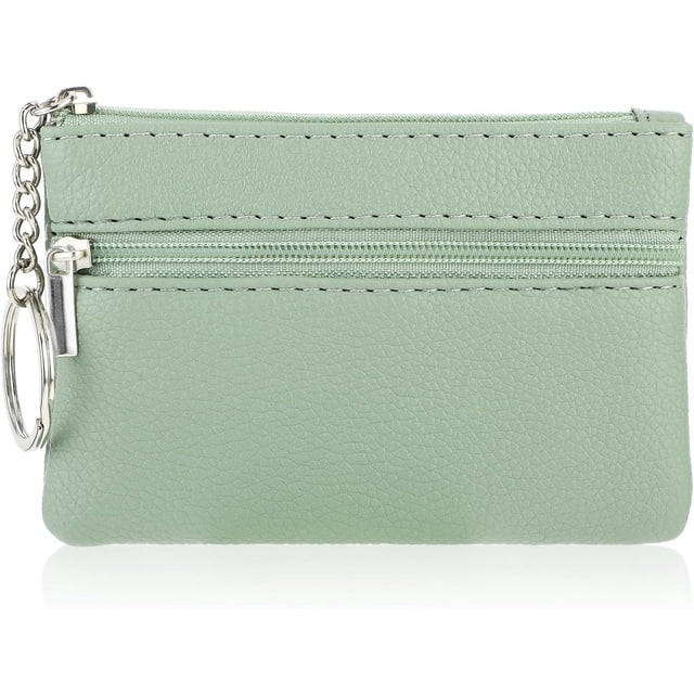HUGFEGWE Women Coin Purse, Solid PU Lychee Pattern Zip Mini Coin Purse With Key Ring Portable Change Wallet Mini Coin Pocket for Women Double Zipper Card Holder Wallet, Fantasy Green, AZ824-9702