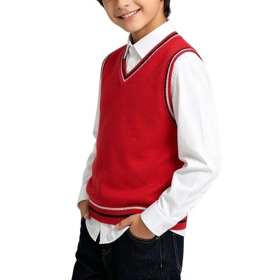 SERTGUTR Boys V Neck Sweater Vest, Striped Ribbed Trim Sleeveless Knit Pullover, School Uniform Classic Fit, Everyday Layering Top