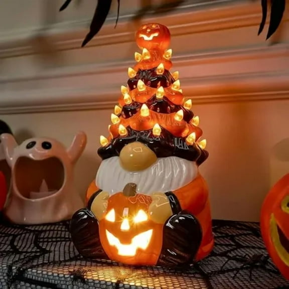 Spooky Halloween Pumpkin Gnome Elder Figurine Model, Glowing Dwarf Pumpkin Night Light Outdoor & Indoor Halloween Decorations, Fun LED Lights Ornament for Home Yard Party Display Room Decor