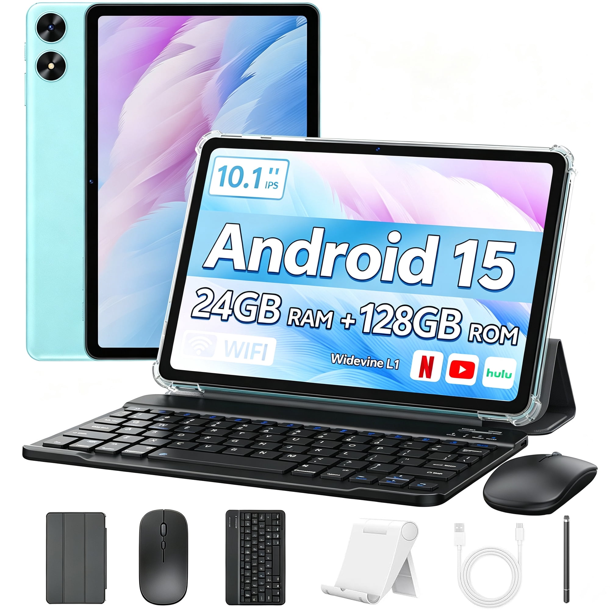 SHARECLOUD 10.1 inch Tablet, Android 15 Tablet with Keyboard, 24GB RAM+128GB ROM/1TB Expand, 6600mAh, WiFi 6, Blue