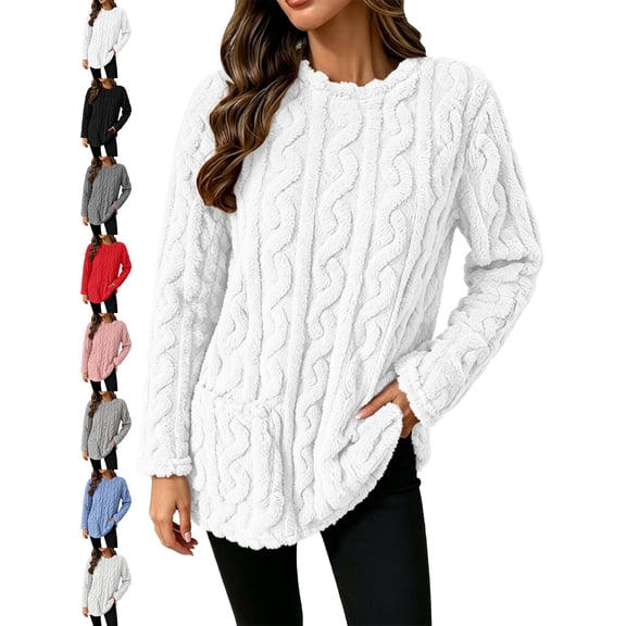 Oversized Cable Knit Sweater for Women Crewneck Pullover Long Sleeve Side Slit with Pockets Casual Fall Winter Top