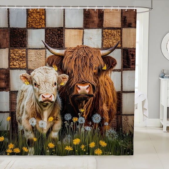 Manfei Farm Highland Cow Shower Curtain 72Wx72L,Vintage Checkered Bathroom Curtain,Brown White