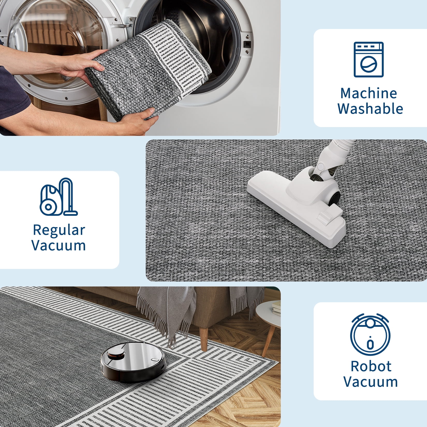 Garvee Indoor Bordered Area Rug, 8'x10' Modern Non Slip Rubber Backing Washable Rug Low Pile Striped Rugs Carpet for Bedroom Living Room Nursery Office, Gray