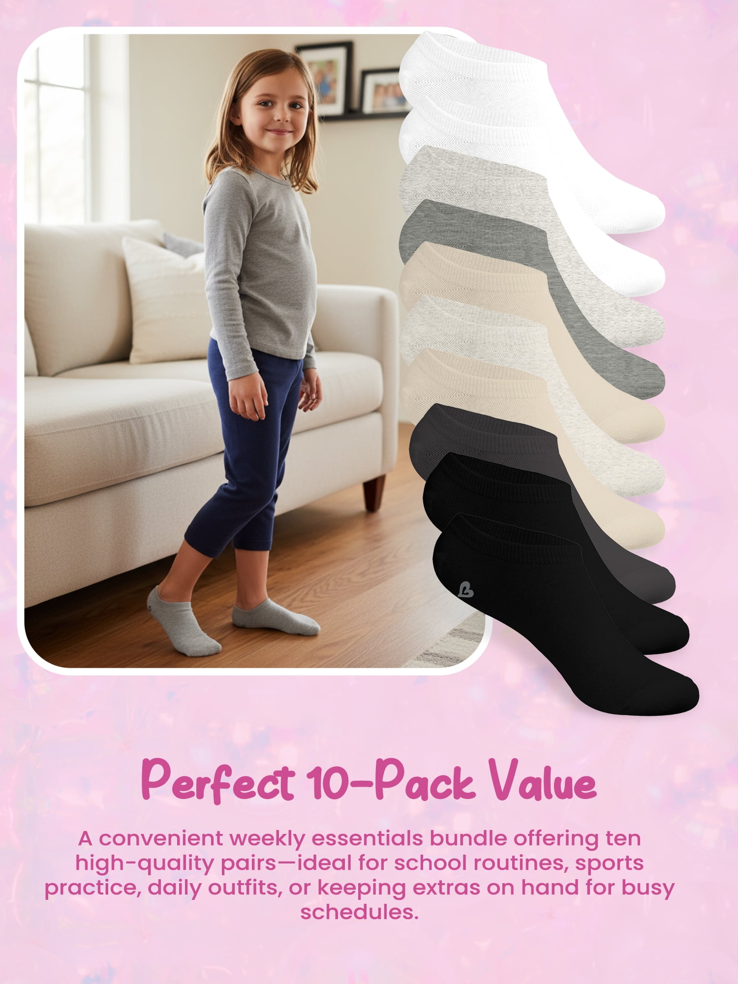 Justice No Show Socks for Girls, Cozy Socks for All Day Wear, 10 pk White Multi Color