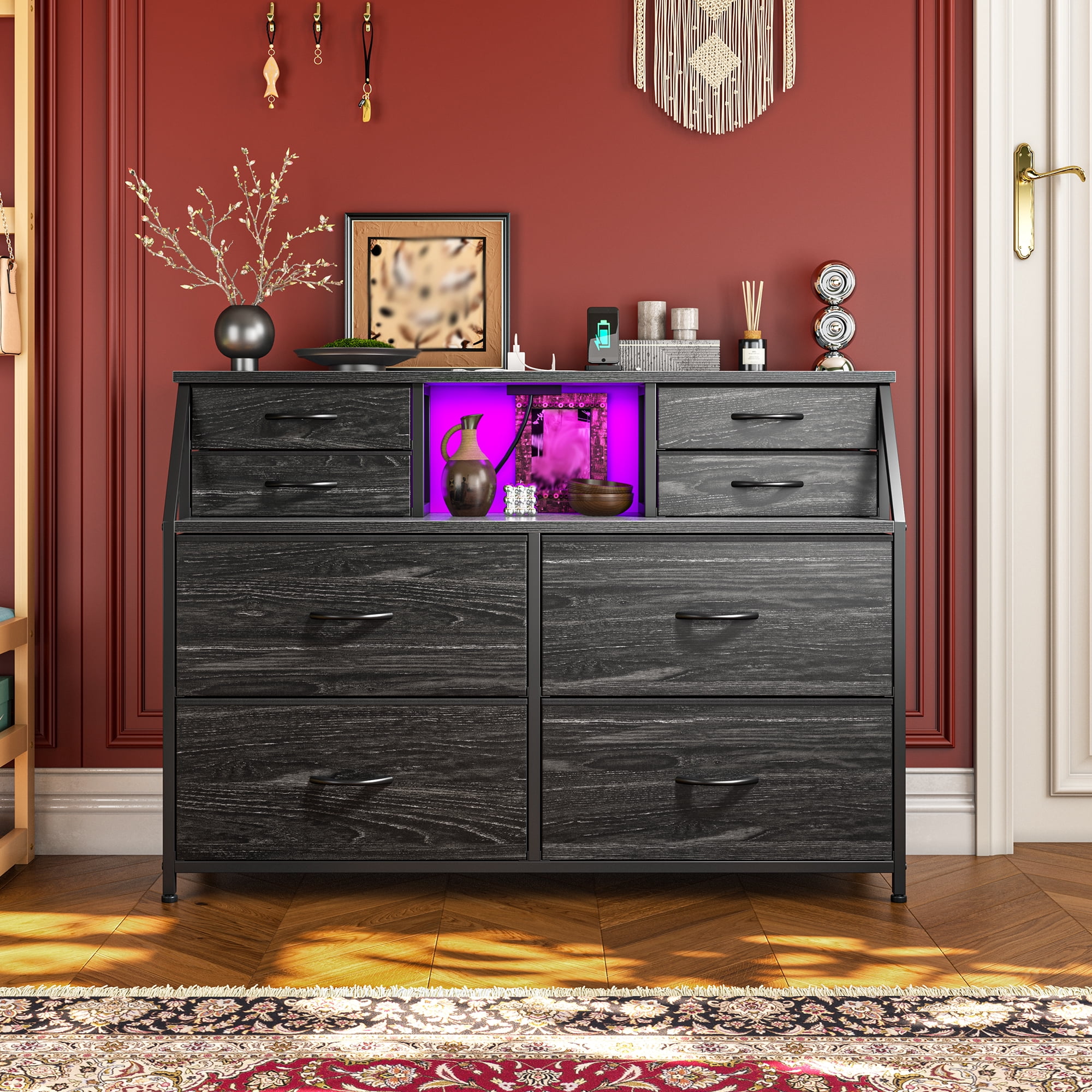 EnHomee Dresser for Bedroom with Power Strip & LED Lights Fabric Dresser with Open Shelves Chest of Drawers for Living Room, Black