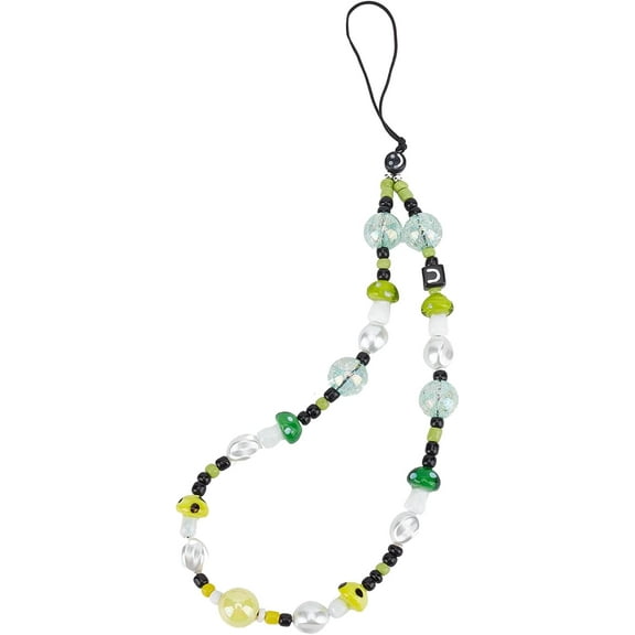 9.4 Inch Green Yellow Mushroom Beaded Phone Charm Strap Detachable Phones Anti-Lost Chain Hands-Free Wrist Straps Cellphone Lanyard Beads Mobile Phone Bracelet for Women Silver