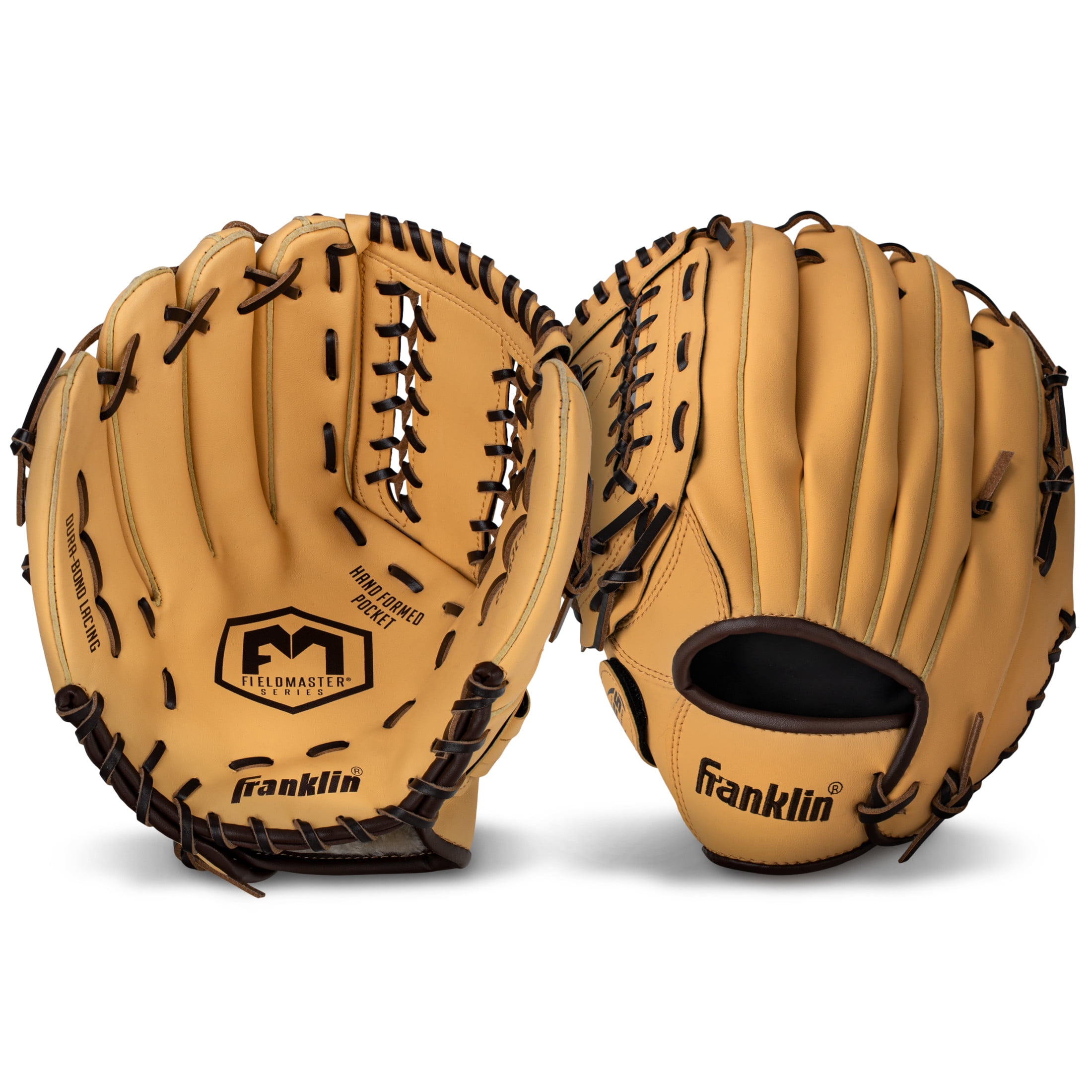 Franklin Sports Field Master Baseball + Softball Glove, 12 in, Camel Brown, Left Hand Throw