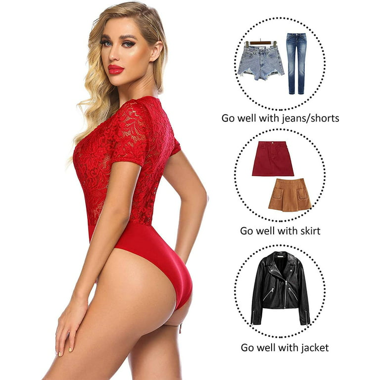 Avidlove Lace Bodysuit Short Sleeve Bodysuit Sexy V Neck Lace Bodysuit Tops  with Snap Crotch Red 