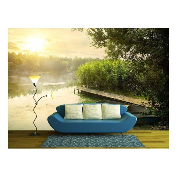 wall26 - Boats Near Pier at Beautiful Summer Morning - Removable Wall Mural | Self-Adhesive Large Wallpaper - 100x144 inches