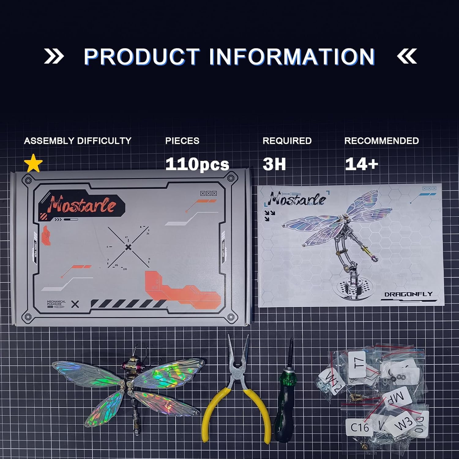 Mostarle 3D Metal Puzzle Cyberpunk Dragonfly, Color-Shifting Electroplated Wings, Adjustable Display, DIY Mechanical Model Kit for Adults & Teens, Gift