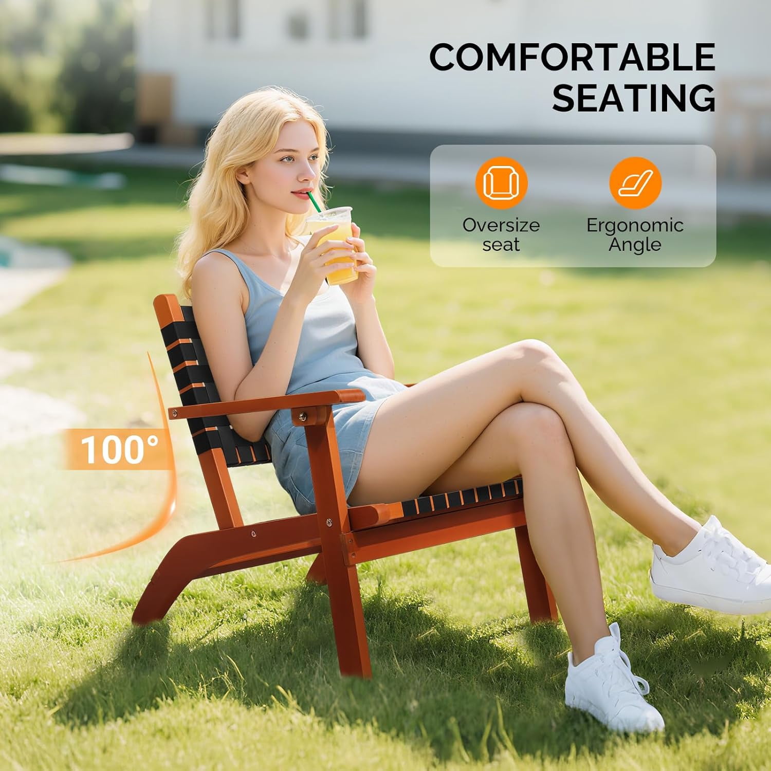 FeGemax Outdoor Armchair, All-Weather Wooden Patio Chair with Waterproof PE Woven Fabric, Adirondack Chair for Garden, Lawn and Poolside (1, Black and Brown)