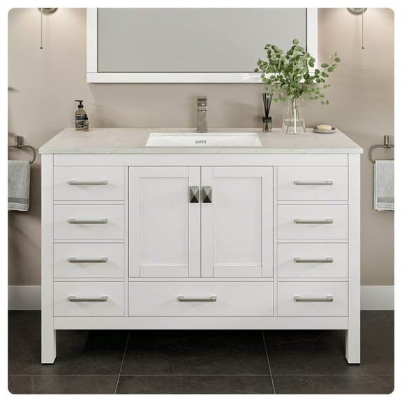Eviva London 54"W x 18"D White Bathroom Vanity with White Carrara Quartz Countertop and Undermount Porcelain Sink