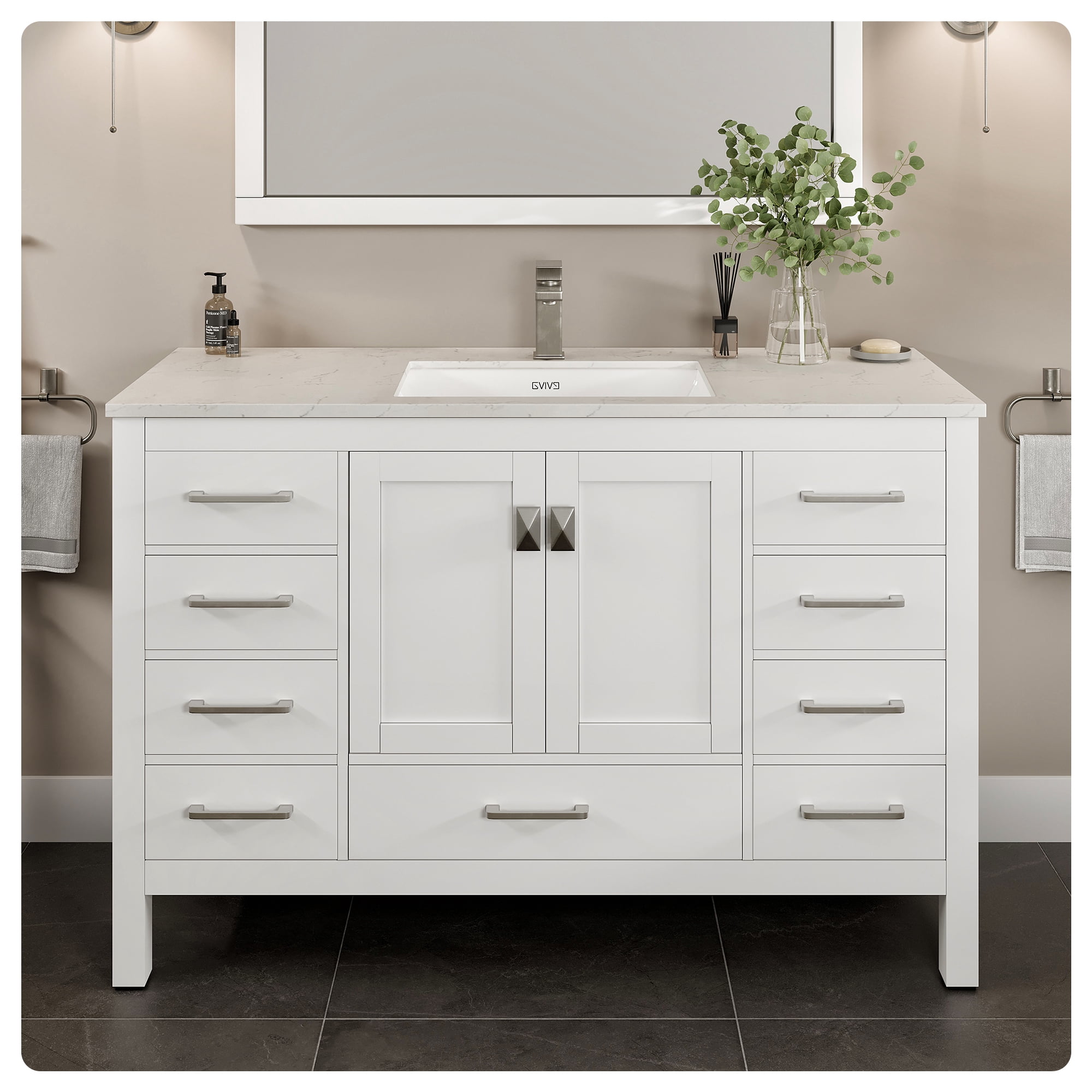 Eviva London 54 W x 18 D White Bathroom Vanity with White Carrara Quartz Countertop and Undermount Porcelain Sink