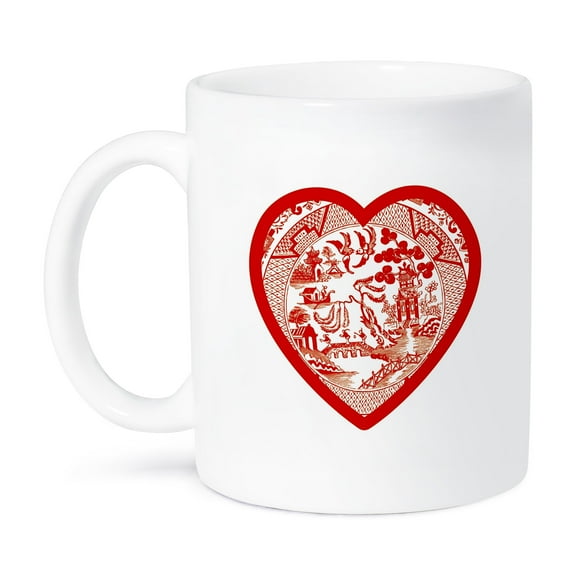 3dRose, Red Willow Pattern Heart on White Background, 15oz Mug