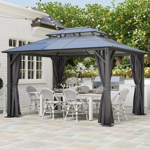 Howsvn 10’x12’ Patio Polycarbonate Canopy Gazebo,Steel Frame Double Roof Gazebo with Breathable Netting and Curtains - Perfect for Patio, Lawn, Garden