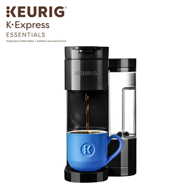Keurig K-Express Essentials Gen 2 single serve coffee maker pouring hot coffee into a blue ceramic mug with water reservoir visible