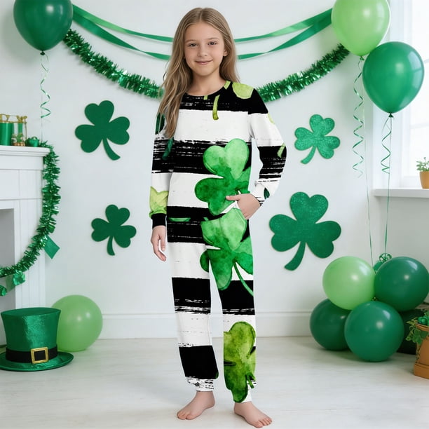 Conjuntos de blusa y camisa de manga larga con cuello redondo. Conjunto de camisa y pantalón de manga larga con estampado del Día de San Patricio para niños y niñas. Top y pantalón para niña.
