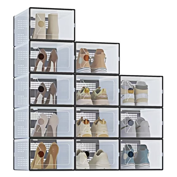 Stackable Shoe Storage Boxes, 12-Pack Plastic Shoe Organizers with Lids, Large Shoe Rack & Holder for Closet, Under Bed, Entryway, Sneaker Display and Storage Containers