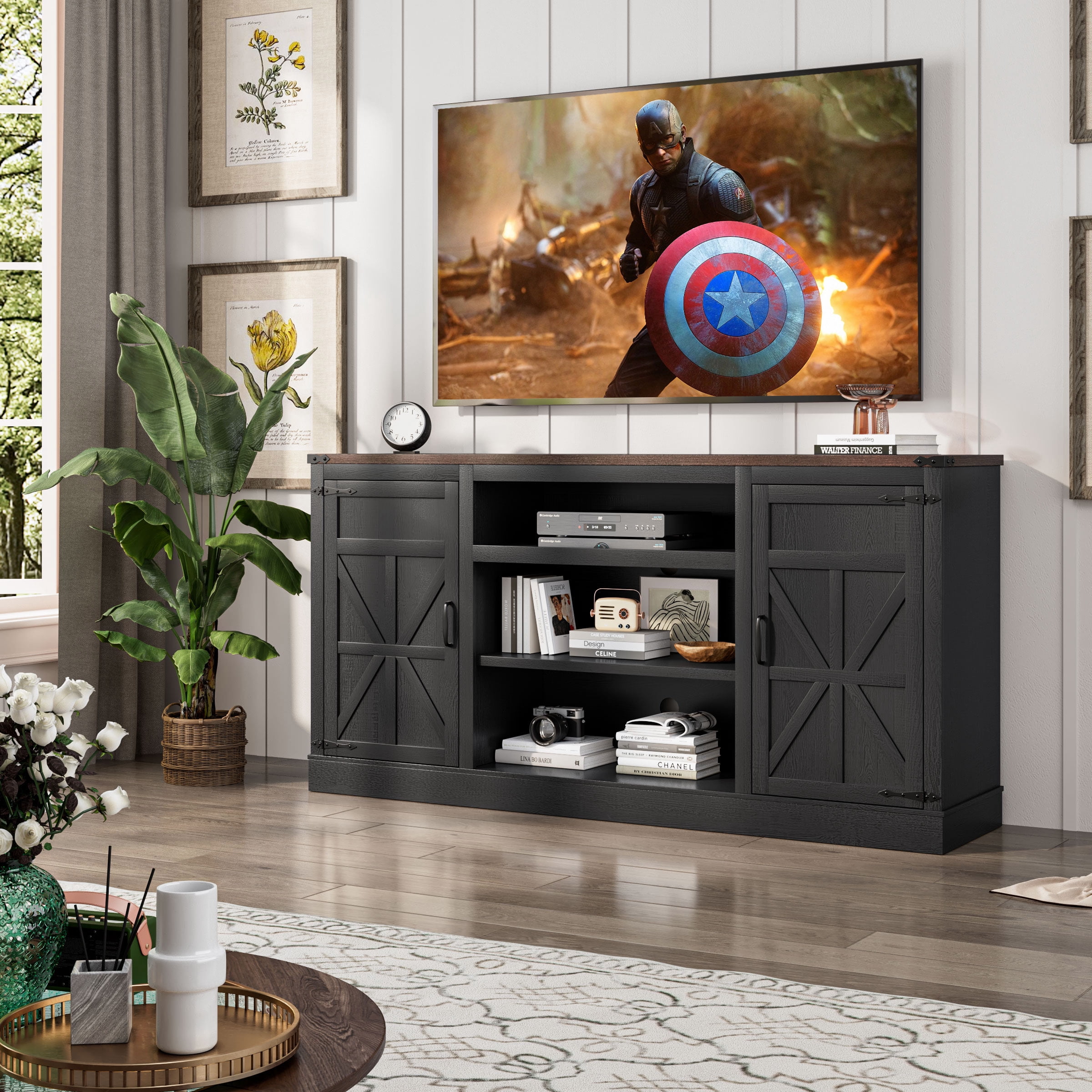 66" Farmhouse TV Stand for 65" 70" 75" TVs with Charging Station, 33" Tall Entertainment Center Console Table with Adjustable Shelves/4 Layer Storage for Living Room