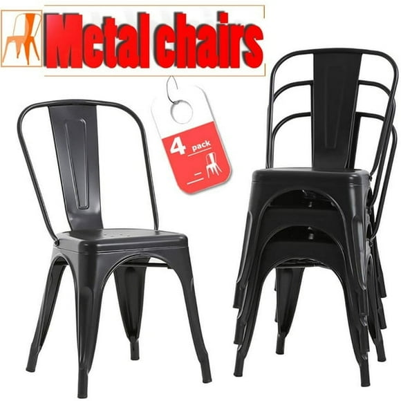 FDW Metal Dining Chairs Set of 4, IndoorOutdoor Stackable Tolix Chairs, 18'' Seat Height, Heavy Duty Patio Kitchen 330LB, Black
