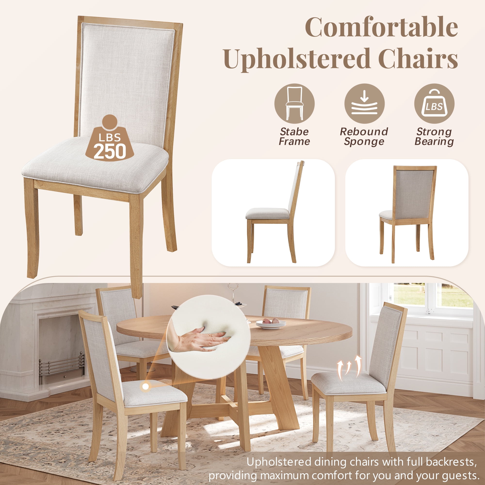 Euroco 5-Piece Round Dining Table Set for 4, Farmhouse Extendable Kitchen Table Set with Removable Leaf and 4 Upholstered Chairs for Small Places,Natural