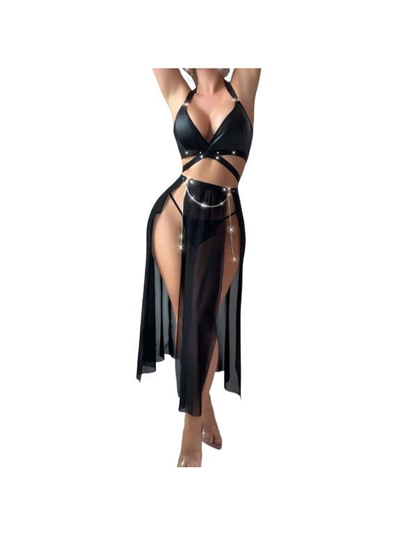 Sexy lingerie for Women,Mesh Sheer Long Dress and Thong 2Piece Set PU Leather Halter Bra Sheer Nightwear for Roleplay