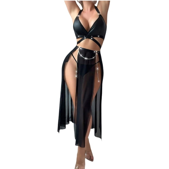 Sexy lingerie for Women,Mesh Sheer Long Dress and Thong 2Piece Set PU Leather Halter Bra Sheer Nightwear for Roleplay