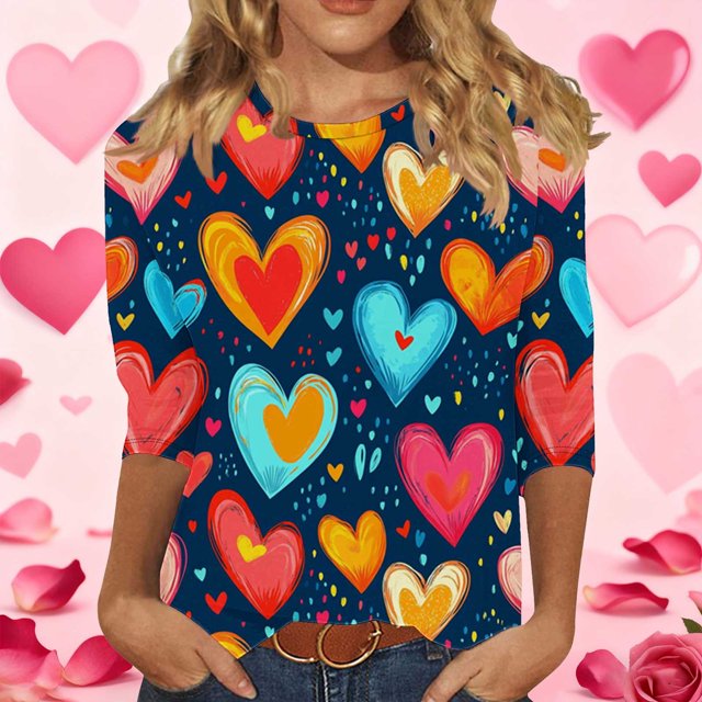 RKSTN Valentines 3/4 Sleeve Tops for Women Oversized Crewneck Valentine's Day Graphic Printed Short Sleeve T Shirt Womens Casual Round Neck Loose Comfy Loves Heart Print Three Quarter Sleeve Shirts